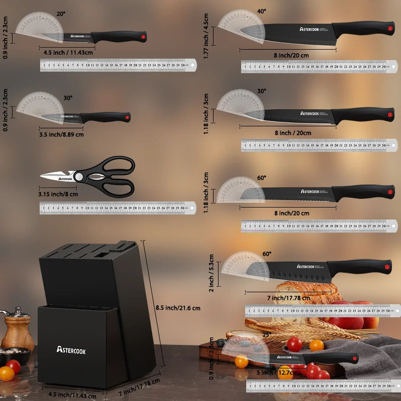 15PCS/ Knife Set with Sharpener Block - German Stainless Steel, Dishwasher Safe Kitchen Knife with Built-in Sharpener