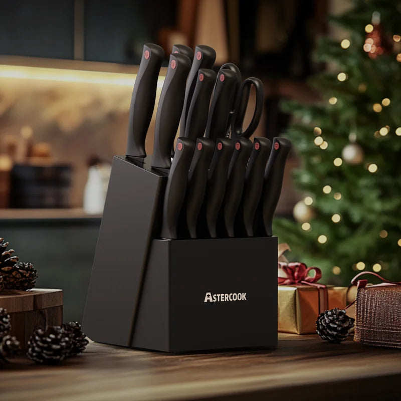 15PCS/ Knife Set with Sharpener Block - German Stainless Steel, Dishwasher Safe Kitchen Knife with Built-in Sharpener