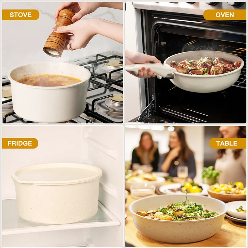 21 Piece Pots and Pans Set Non-Stick with Sensor Handles, Milky white