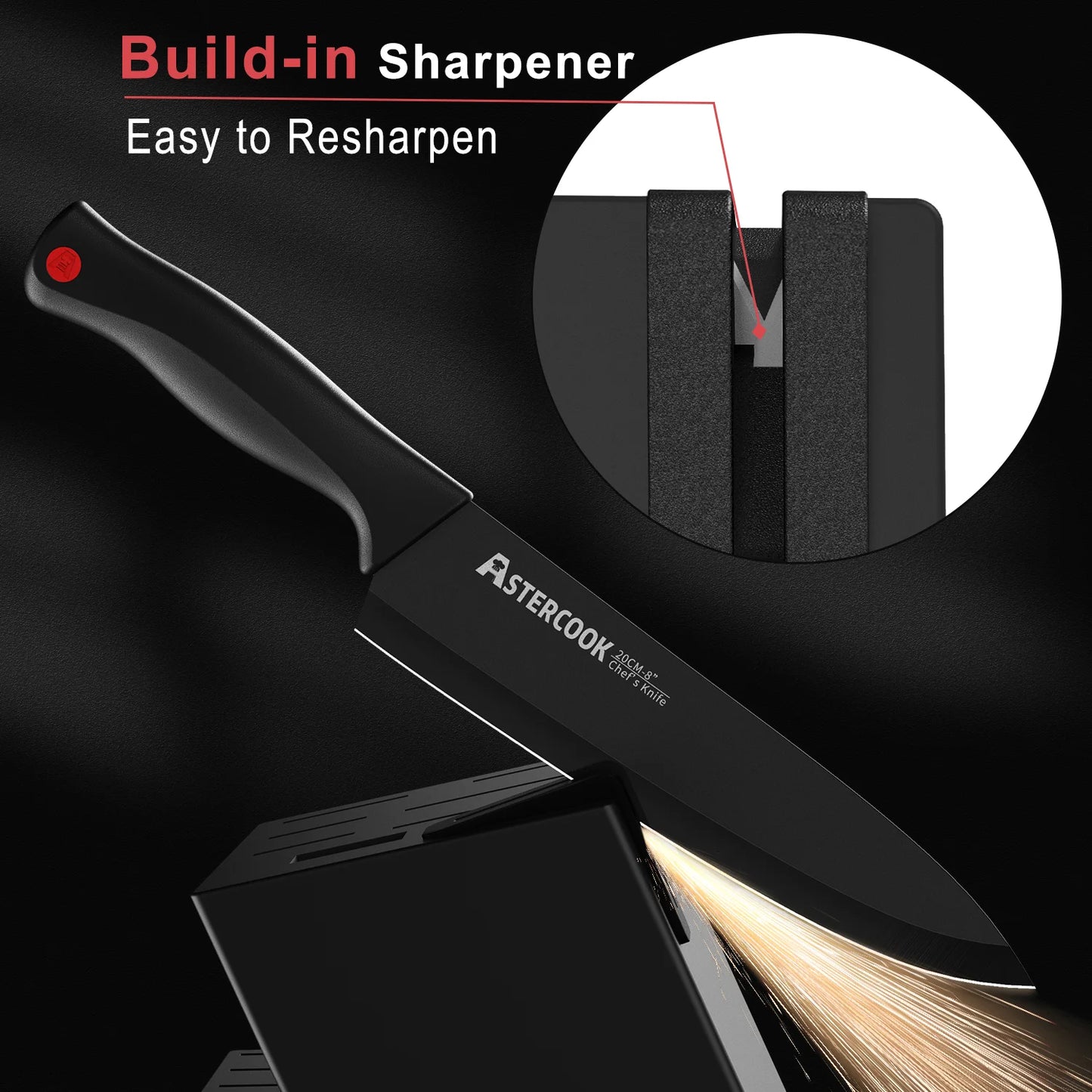 15PCS/ Knife Set with Sharpener Block - German Stainless Steel, Dishwasher Safe Kitchen Knife with Built-in Sharpener