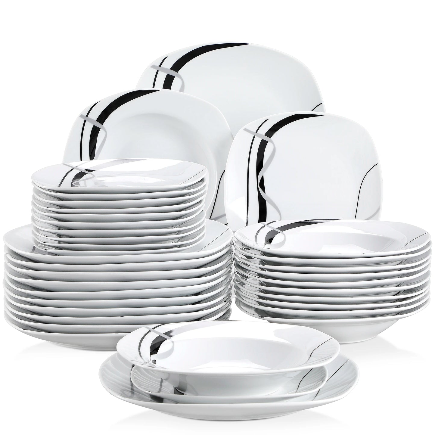 18/36-Piece Porcelain Ceramic Black Line Kitchen Tableware Dishes Plate Set with Dinner Plate,Dessert,Soup Plate