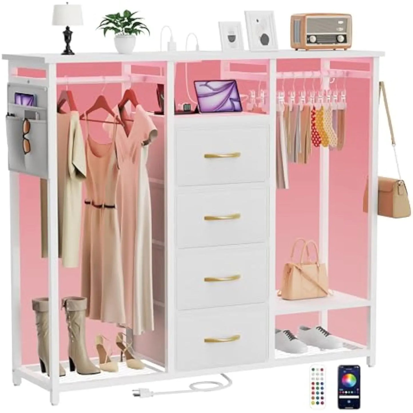 Dresser for Bedroom with 2 Clothes Racks, 4 Drawer Dresser with Led Light and Charging Station,White Dresser with Hanging Rack