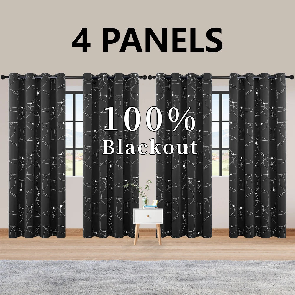 4 PCS Circle And Dots Foil Blackout Curtains Grommet Thermal Insulated