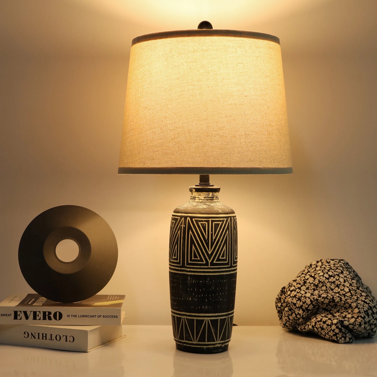 2 Pack 25-Inch Carved Geometric Ceramic Table Lamp With Linen Shade