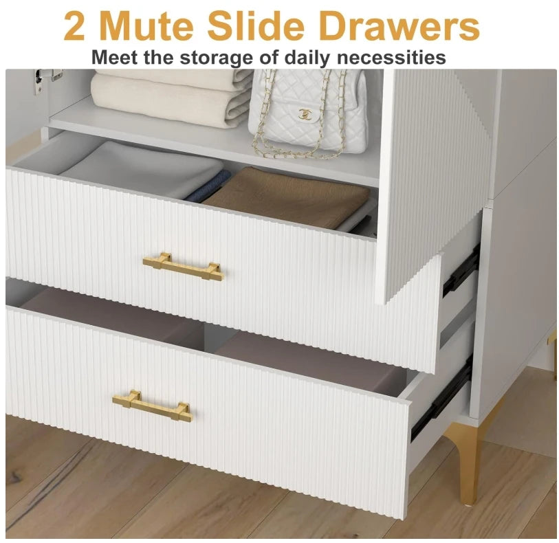 Wardrobe Armoire with 2 Drawers, 2 Doors and Hanging Rods, Twill Wooden Closet Storage with Metal Cabinet Legs, White