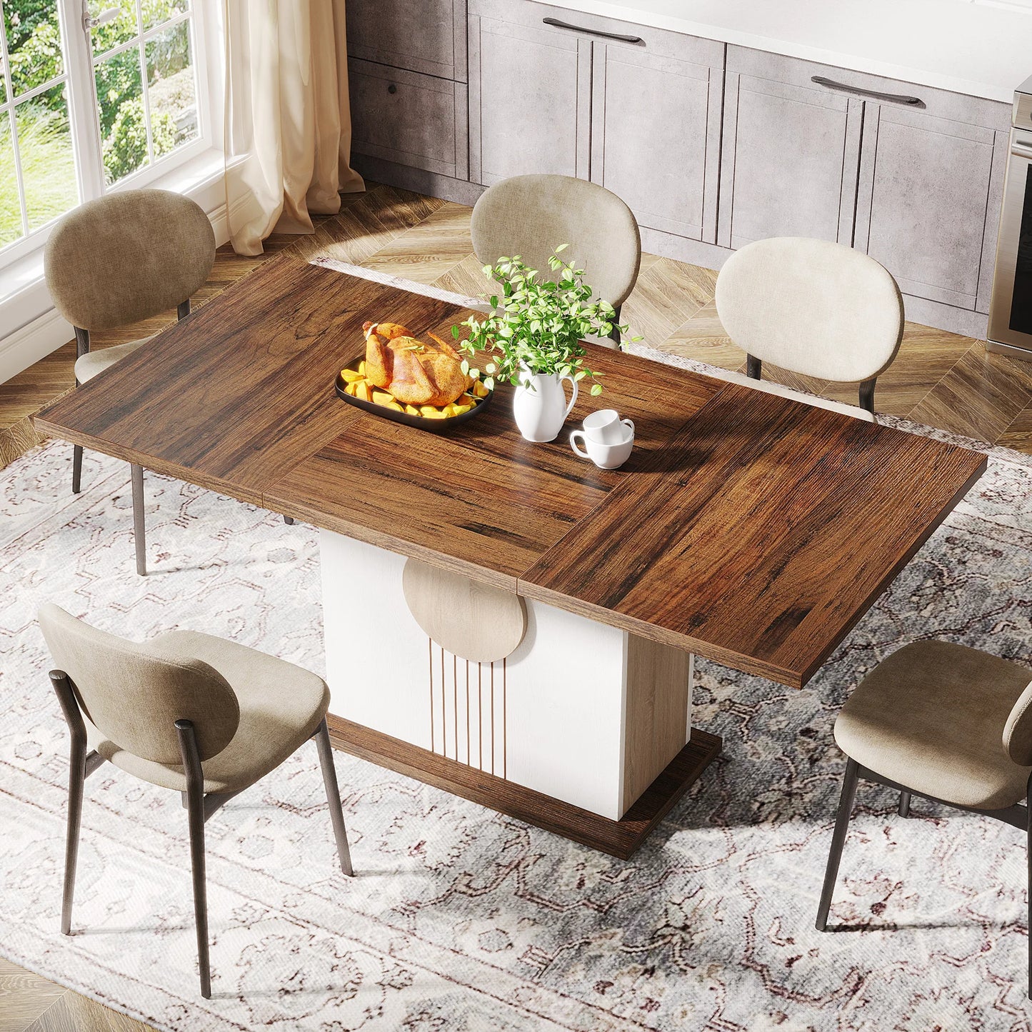 55" Rectangular Dining Table for 4 to 6 People, Farmhouse Wood Dinner Table for Kitchen, Dining Room & Living Room