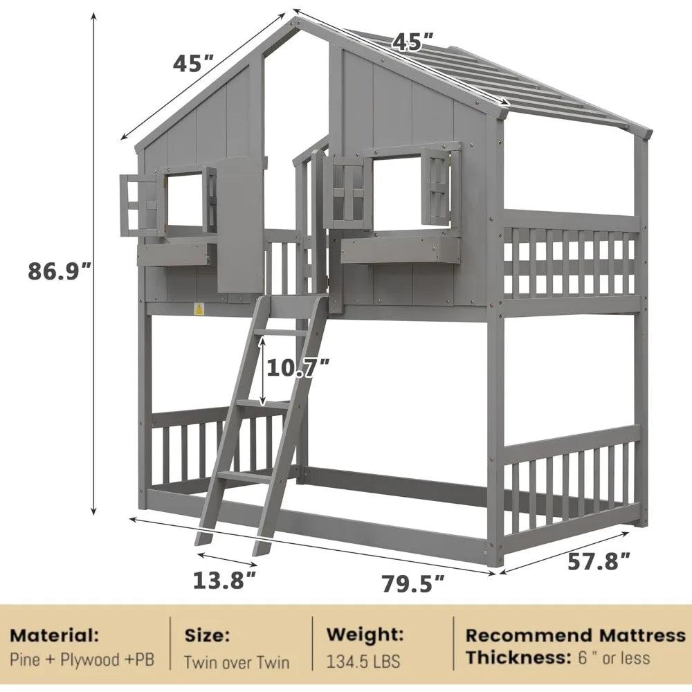 House Bunk Bed Twin Over Twin Wood Bunk Beds , Windows, Window Box and Small Door, Floor Bunk Beds with Ladder and Guard Rails