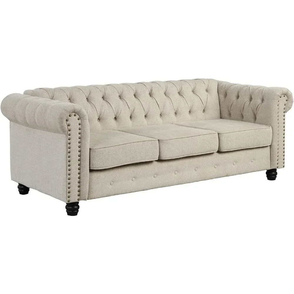 24'' Deep Seat Sofas Couches Pet-Friendly Linen Chesterfield Tufted Sofas, Beige