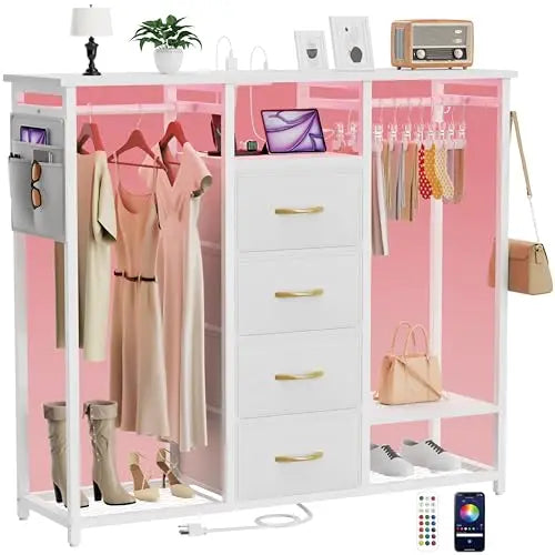 Dresser for Bedroom with 2 Clothes Racks, 4 Drawer Dresser with Led Light and Charging Station,White Dresser with Hanging Rack