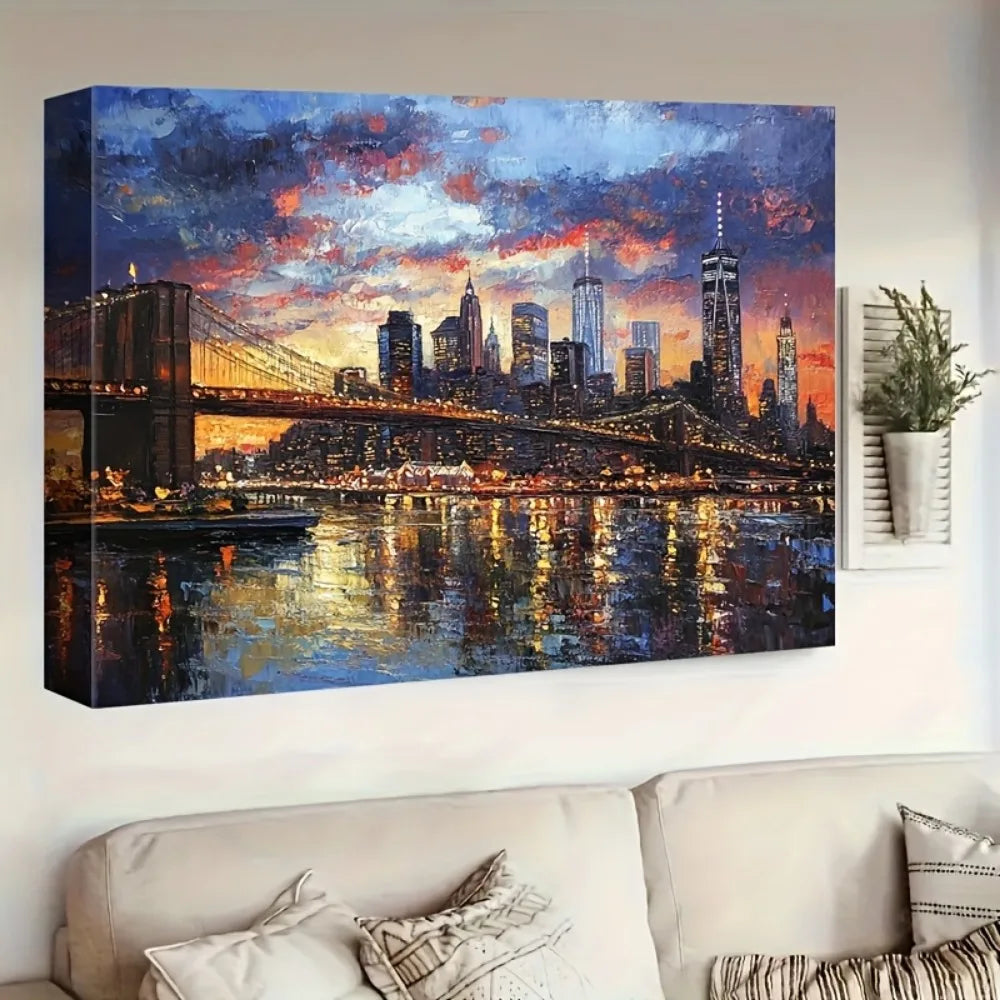 framed modern canvas print poster, cityscape New York City skyline canvas wall art, 1.5 "thick pine solid wood frame