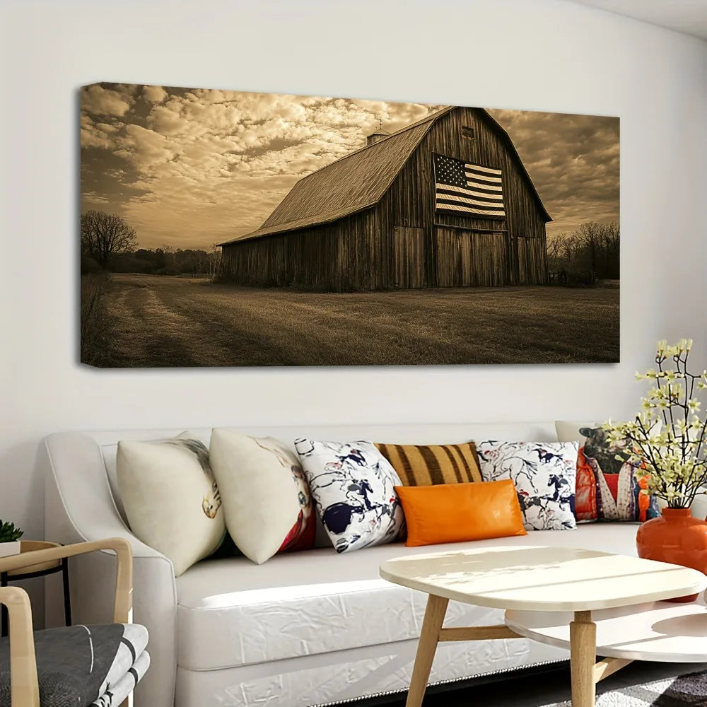 1.5 inch thick pine solid wood frame, farmhouse wooden wall art painting, living room hanging country old barn, rural nature