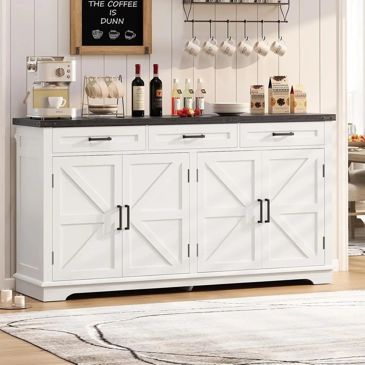 63” Large Buffet Cabinet, Sideboard Buffet Storage Cabinet with 3 Drawers, Farmhouse Coffee Bar with 4 Doors, for Kitchen