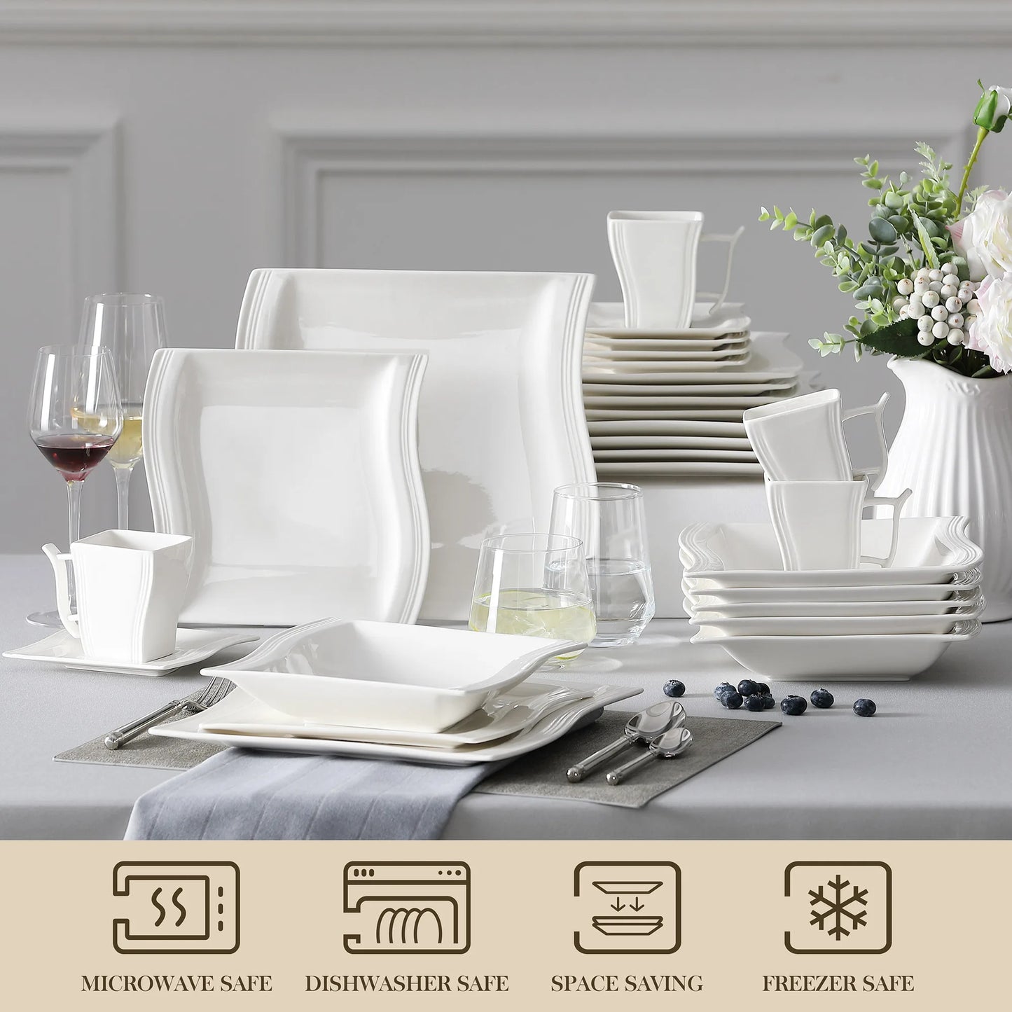 30/60 Piece White Porcelain Dinner Set with 12*Cup,Saucer,Dessert Soup Dinner Plate Tableware Set for 12 Person