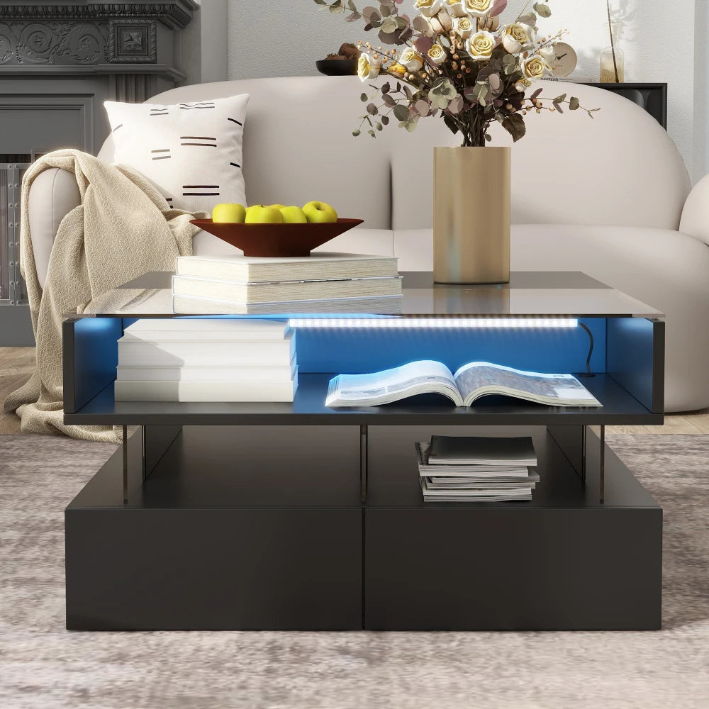 Glass Top Lift-Top Coffee Table with 2 Drawers,High-Gloss Finish,Hidden Space and LED Lights for Living Room