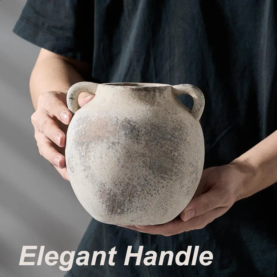 Ceramic Terracotta Vase with Handles, 5.8 Inch Decorative Rustic Vase for Home Decor Farmhouse Living Room Table
