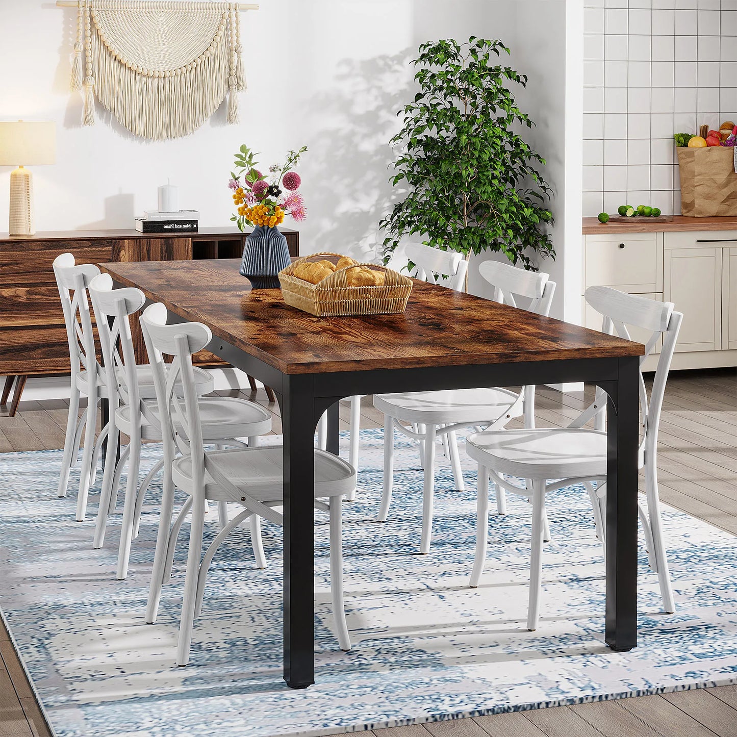 Dining Table for 6-8 People, 200cm Large Narrow Long Rectangular Kitchen Dinner Table, Rustic Wood