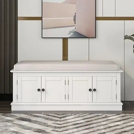 Rustic Storage Bench with 4 Doors and Adjustable Shelves Removable Cushion