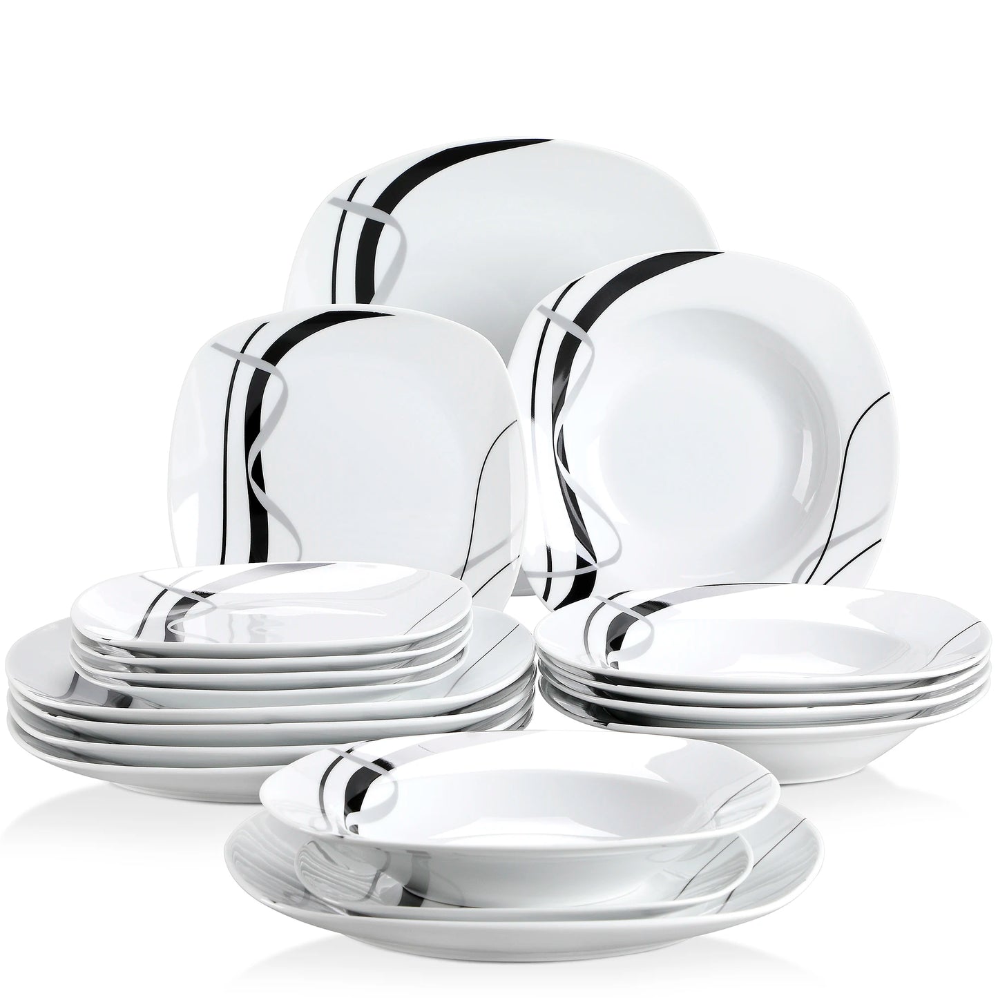 18/36-Piece Porcelain Ceramic Black Line Kitchen Tableware Dishes Plate Set with Dinner Plate,Dessert,Soup Plate