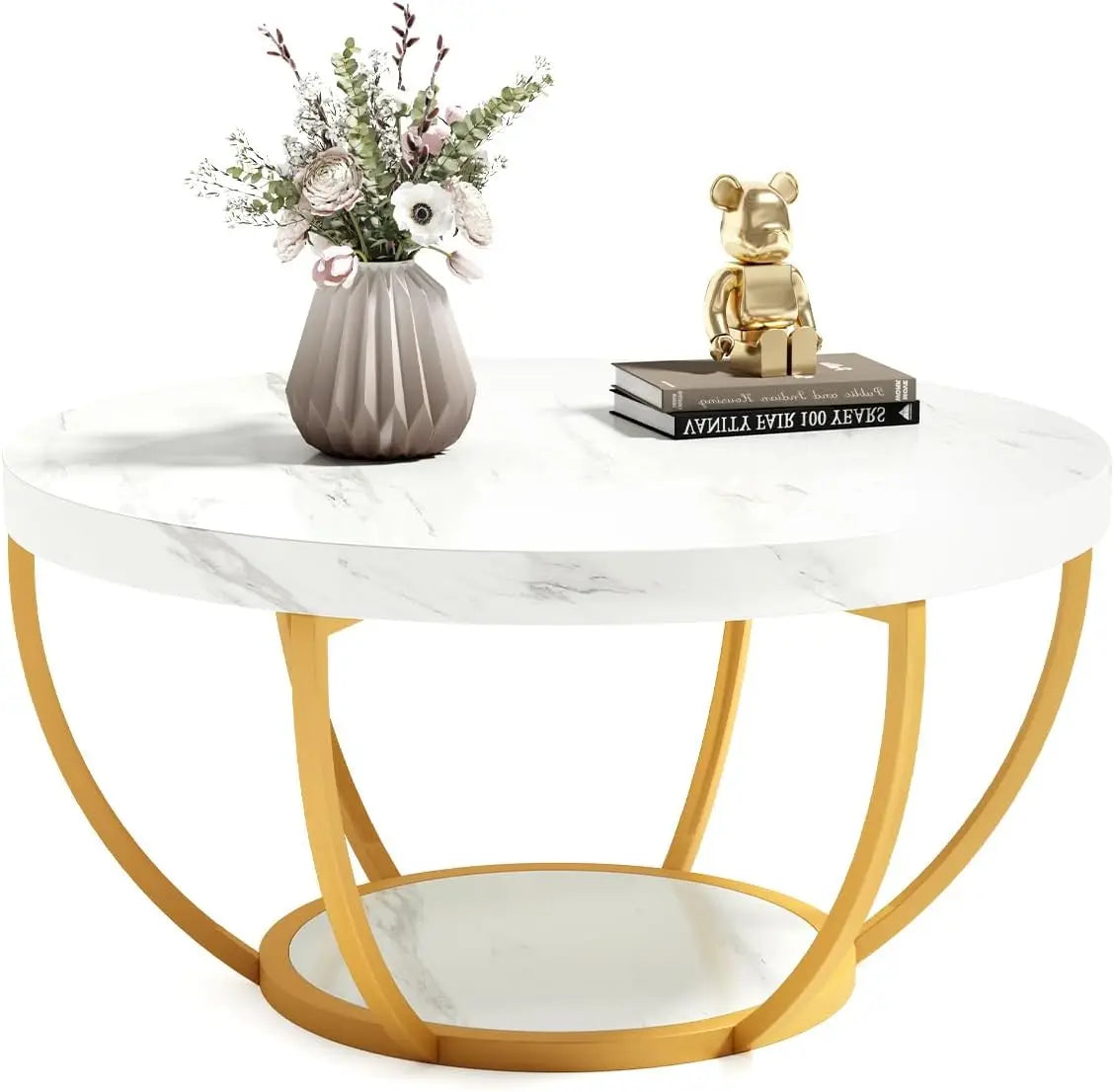 32" Circle Marble Coffee Tables, 2-Tier Golden Metal Legs Accent Center Table with Open Storage
