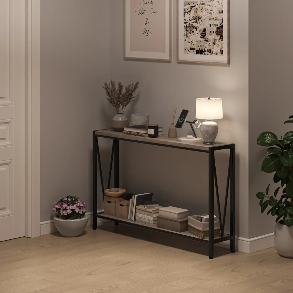 Industrial Console Table 2-Tier Entryway Table with Storage Narrow Sofa Table