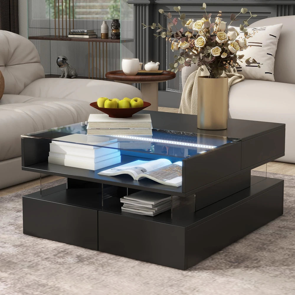 Glass Top Lift-Top Coffee Table with 2 Drawers,High-Gloss Finish,Hidden Space and LED Lights for Living Room
