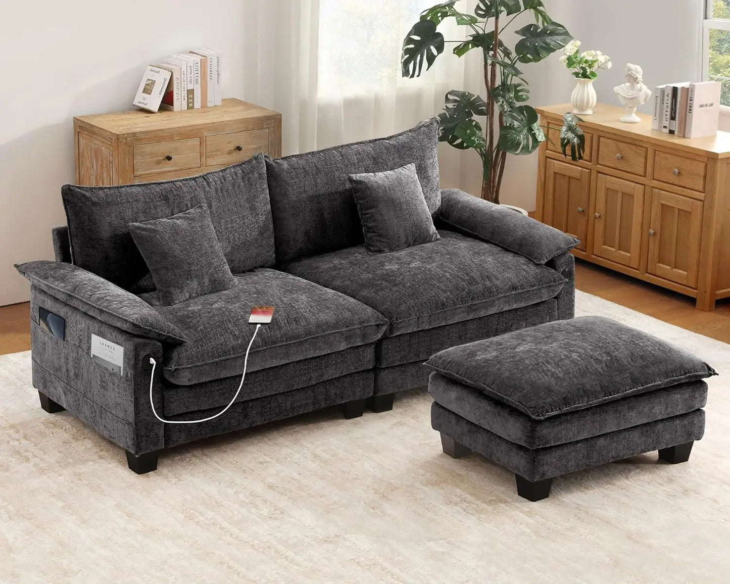 , 76.8’’ Loveseat Modular Sectional Sofa L Shaped Cloud Couch with USB, Side Pocket with Movable Ottoman