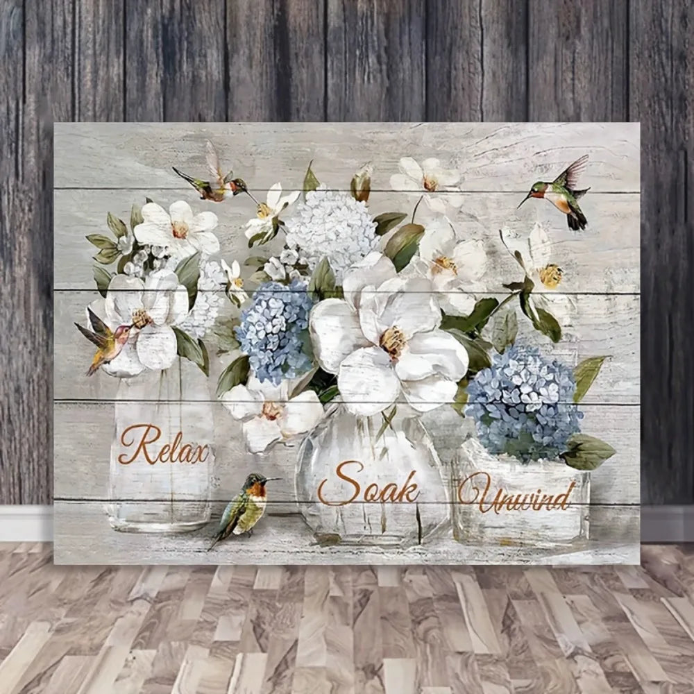 1.5 inch thick pine frame rustic farmhouse canvas wall art, elegant white floral and hummingbird design, interior decor