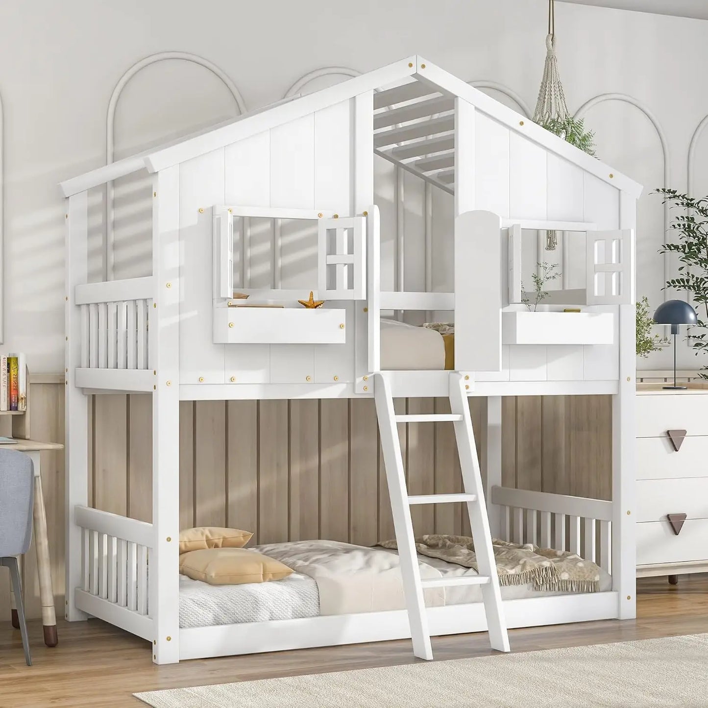 House Bunk Bed Twin Over Twin Wood Bunk Beds , Windows, Window Box and Small Door, Floor Bunk Beds with Ladder and Guard Rails