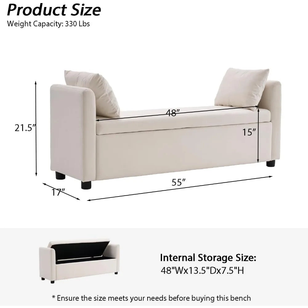55" End of Bed Bench for King Size Bed, Upholstered Long Ottoman Bench with Arms and 2 Pillows