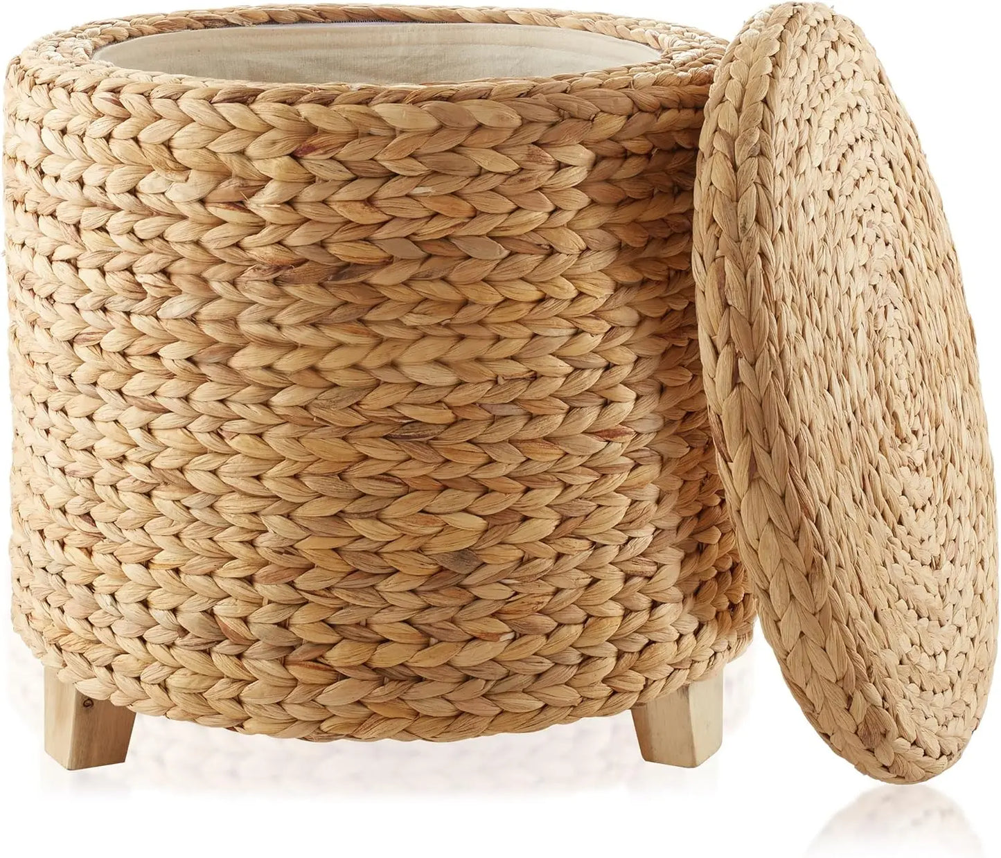 17" Round Storage Ottoman with Lid - Natural, Handwoven Water Hyacinth Footstool for Living Room