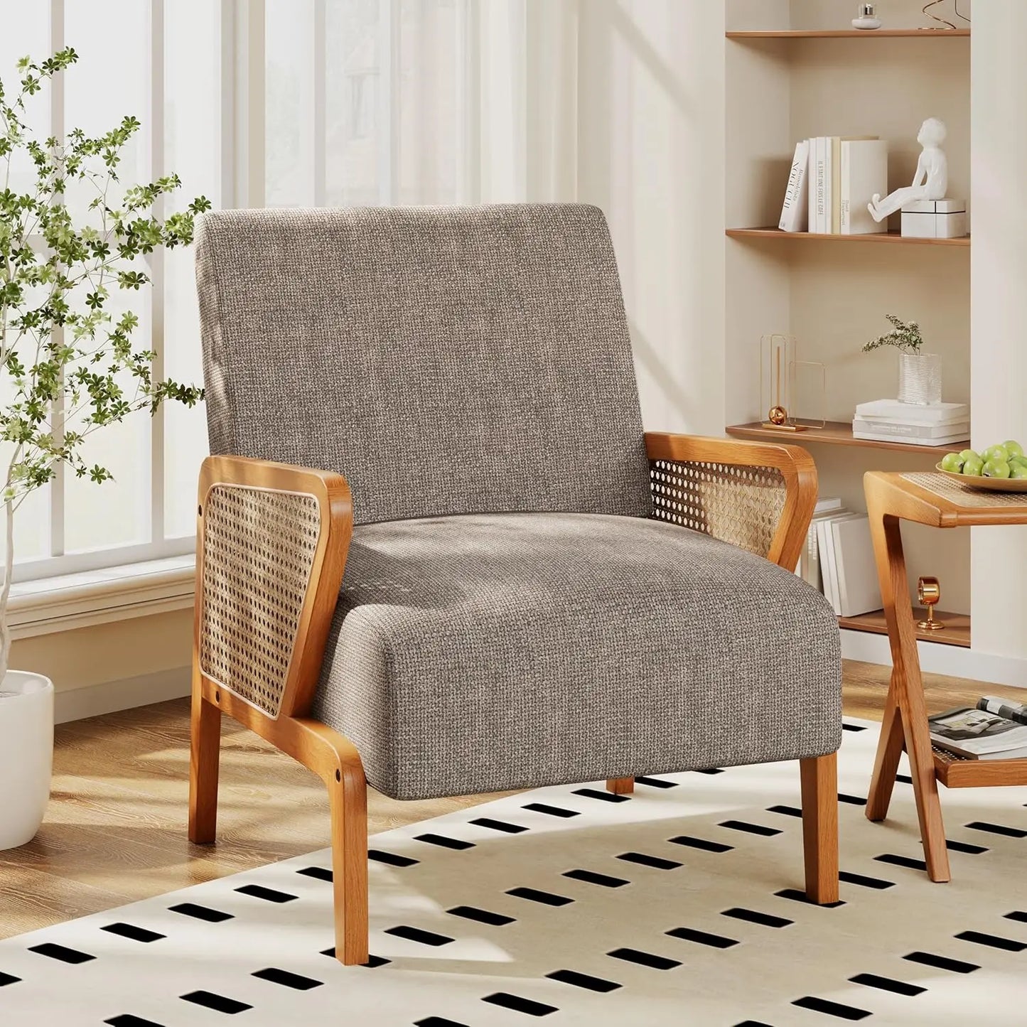Natural Rattan Living Room Chairs Accent Chair Armchair Set of 2 Modern Fabric Slipper Club Chair