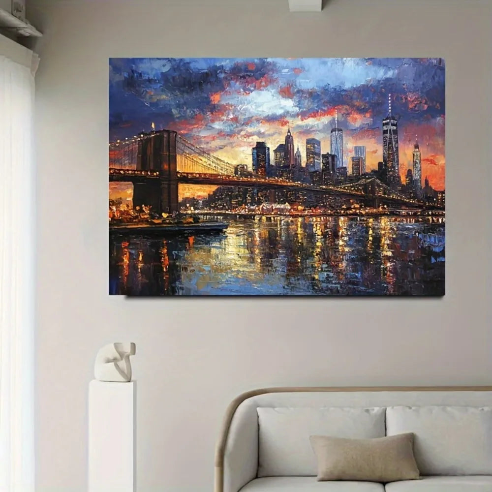framed modern canvas print poster, cityscape New York City skyline canvas wall art, 1.5 "thick pine solid wood frame