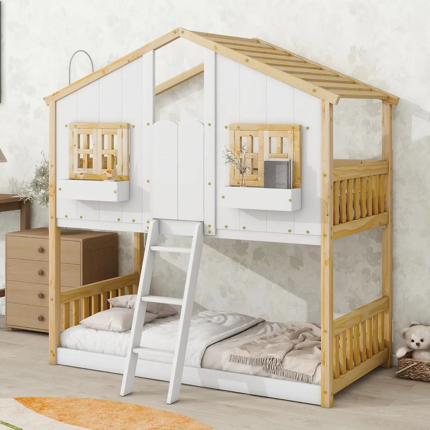House Bunk Bed Twin Over Twin Wood Bunk Beds , Windows, Window Box and Small Door, Floor Bunk Beds with Ladder and Guard Rails