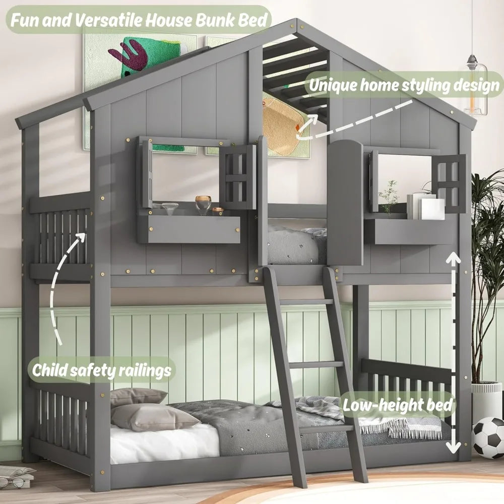 House Bunk Bed Twin Over Twin Wood Bunk Beds , Windows, Window Box and Small Door, Floor Bunk Beds with Ladder and Guard Rails