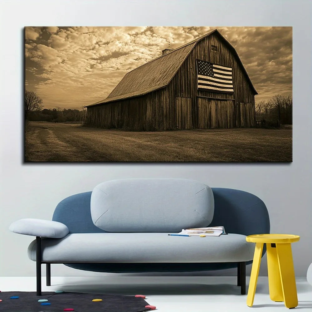 1.5 inch thick pine solid wood frame, farmhouse wooden wall art painting, living room hanging country old barn, rural nature