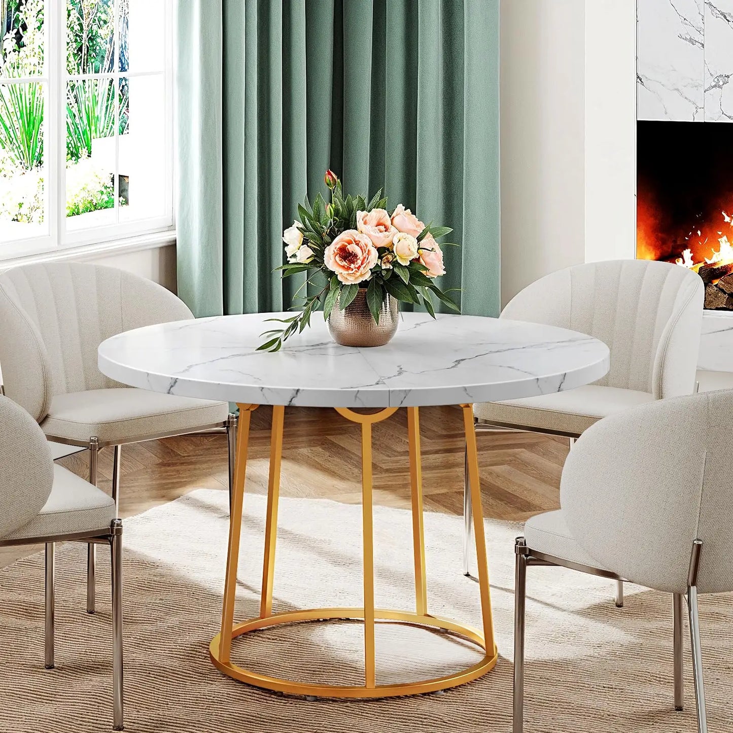 47.24 Inch Kitchen Table for 4 People Wooden Marble Pattern Dinner Room