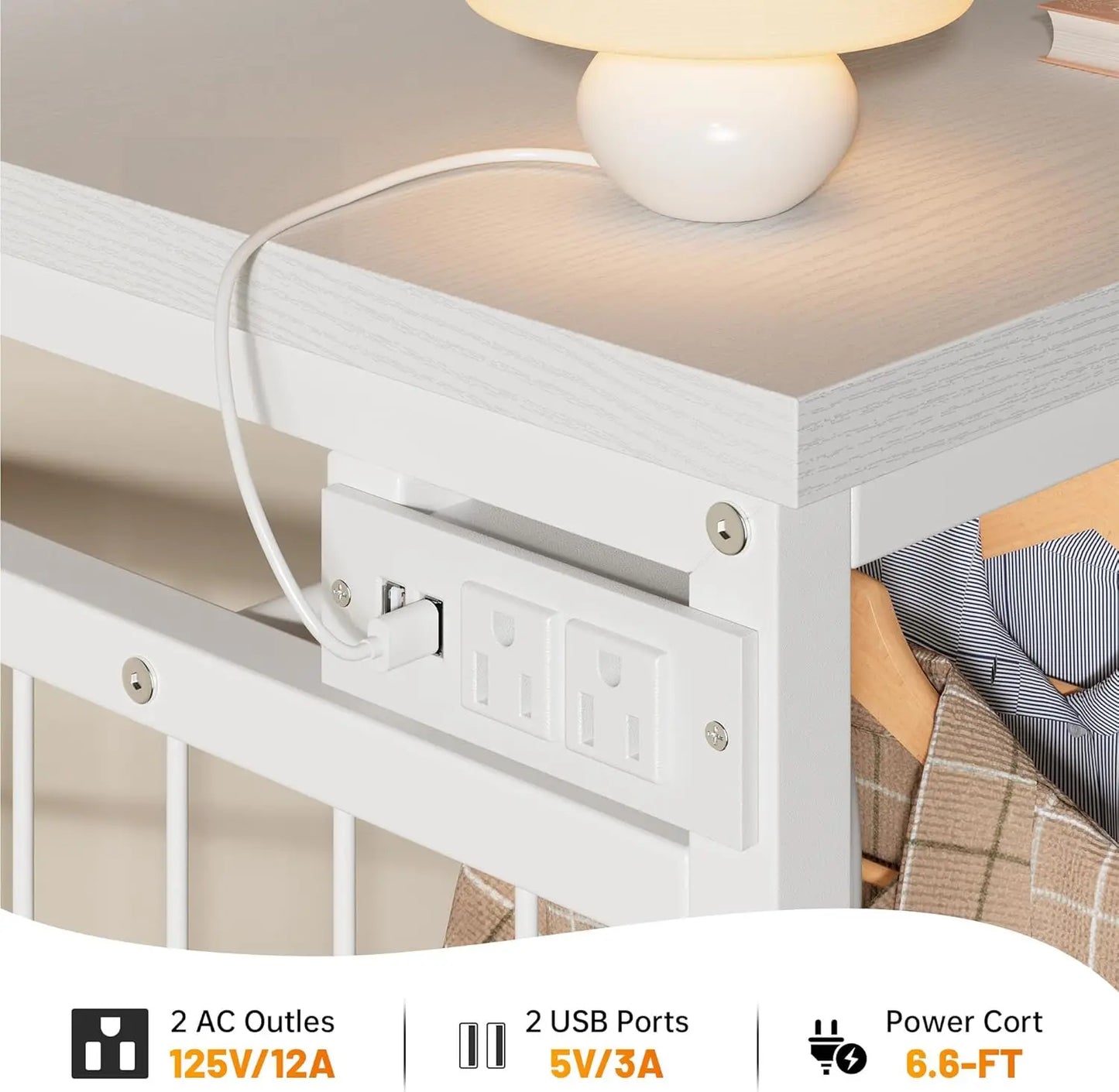 49.2" W White Dresser for Bedroom with Hanging Rack, 6 Drawers Dresser with LED Lights & Charging Station, Fabric Dressers