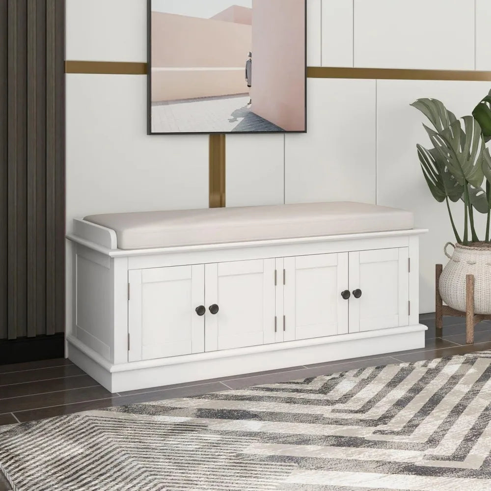 Rustic Storage Bench with 4 Doors and Adjustable Shelves Removable Cushion