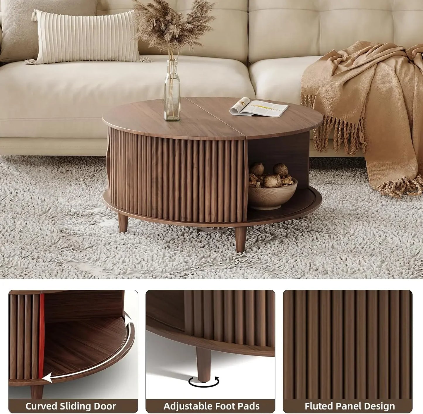 Round Coffee Table with Storage with Sliding Cabinet Door for Living Room
