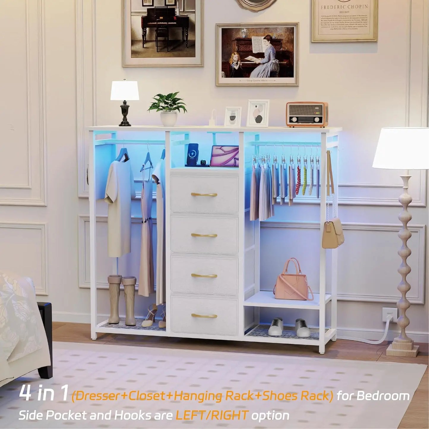 Dresser for Bedroom with 2 Clothes Racks, 4 Drawer Dresser with Led Light and Charging Station,White Dresser with Hanging Rack