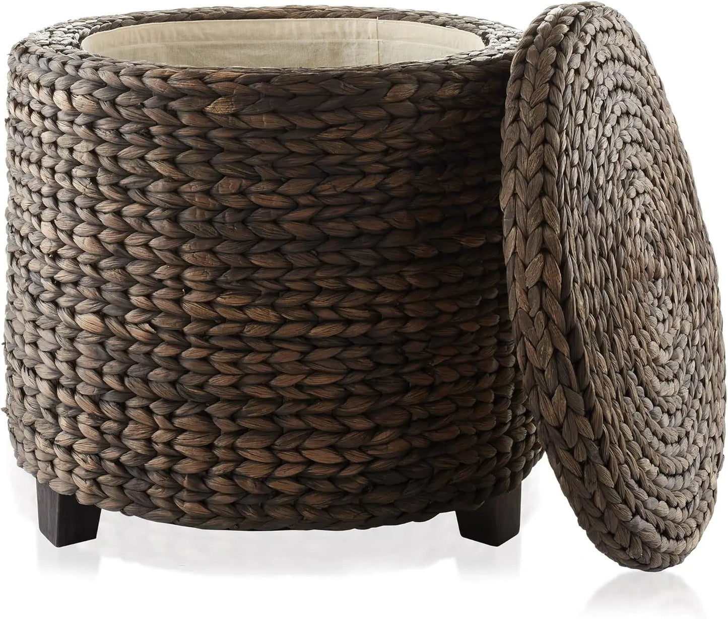 17" Round Storage Ottoman with Lid - Natural, Handwoven Water Hyacinth Footstool for Living Room