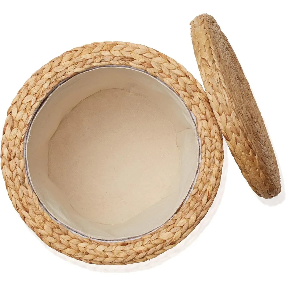 17" Round Storage Ottoman with Lid - Natural, Handwoven Water Hyacinth Footstool for Living Room