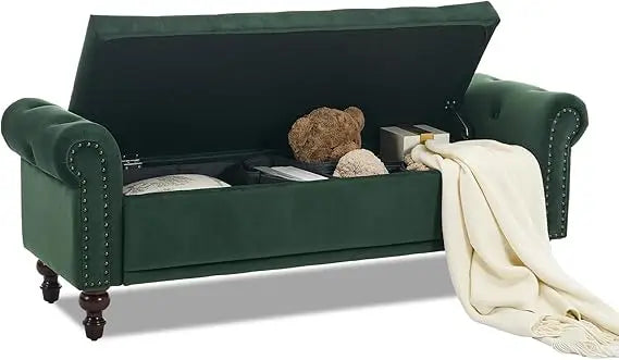 58.1'' Storage Bench Upholstered Linen, End of Bedroom Bed Bench, Ottoman with Tufted Cushion Rolled Arm Large Storage Space
