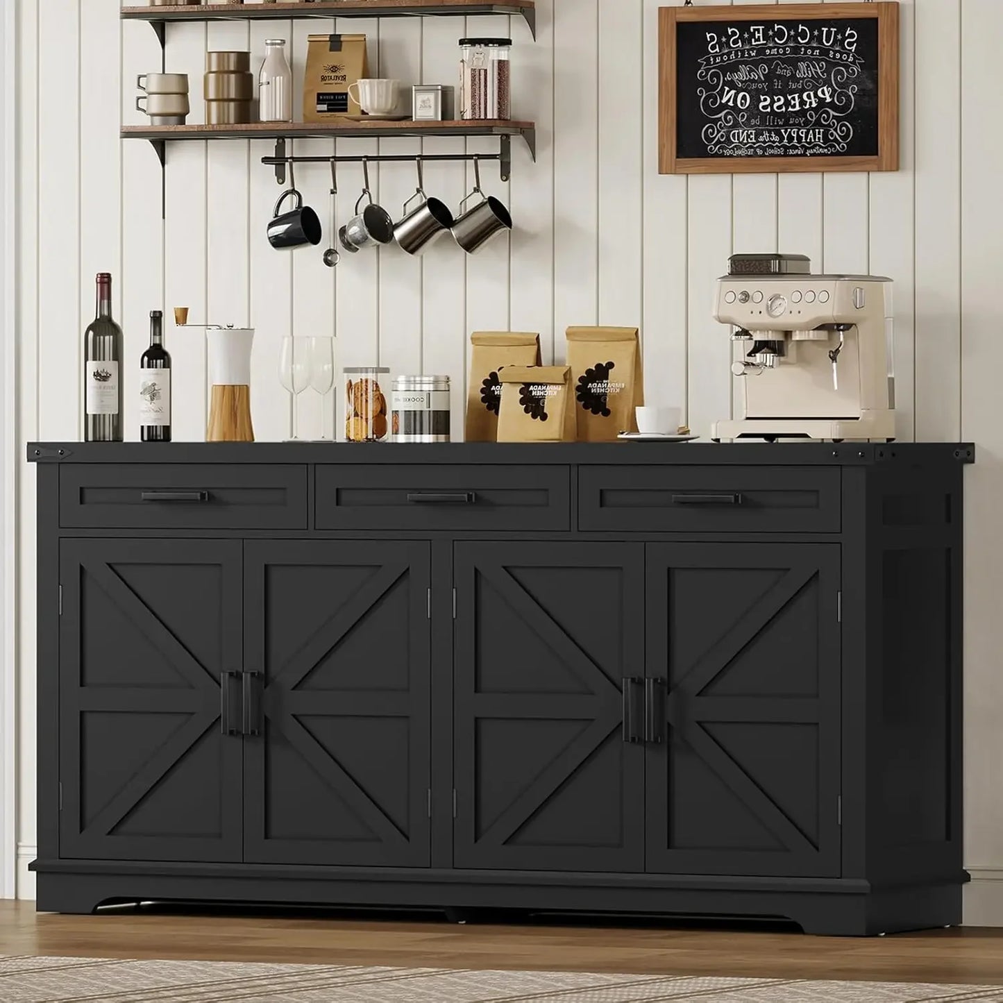 63” Large Buffet Cabinet, Sideboard Buffet Storage Cabinet with 3 Drawers, Farmhouse Coffee Bar with 4 Doors, for Kitchen