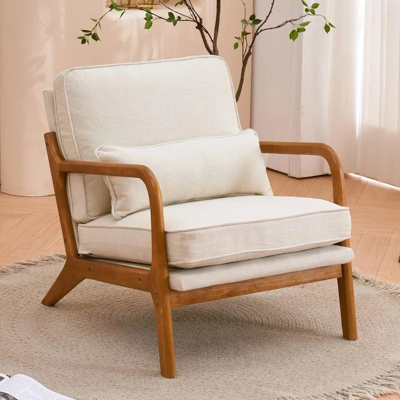 Beige Accent Chairs Set of 2, Upholstered Mid Century Modern Lounge Fabric Chairs