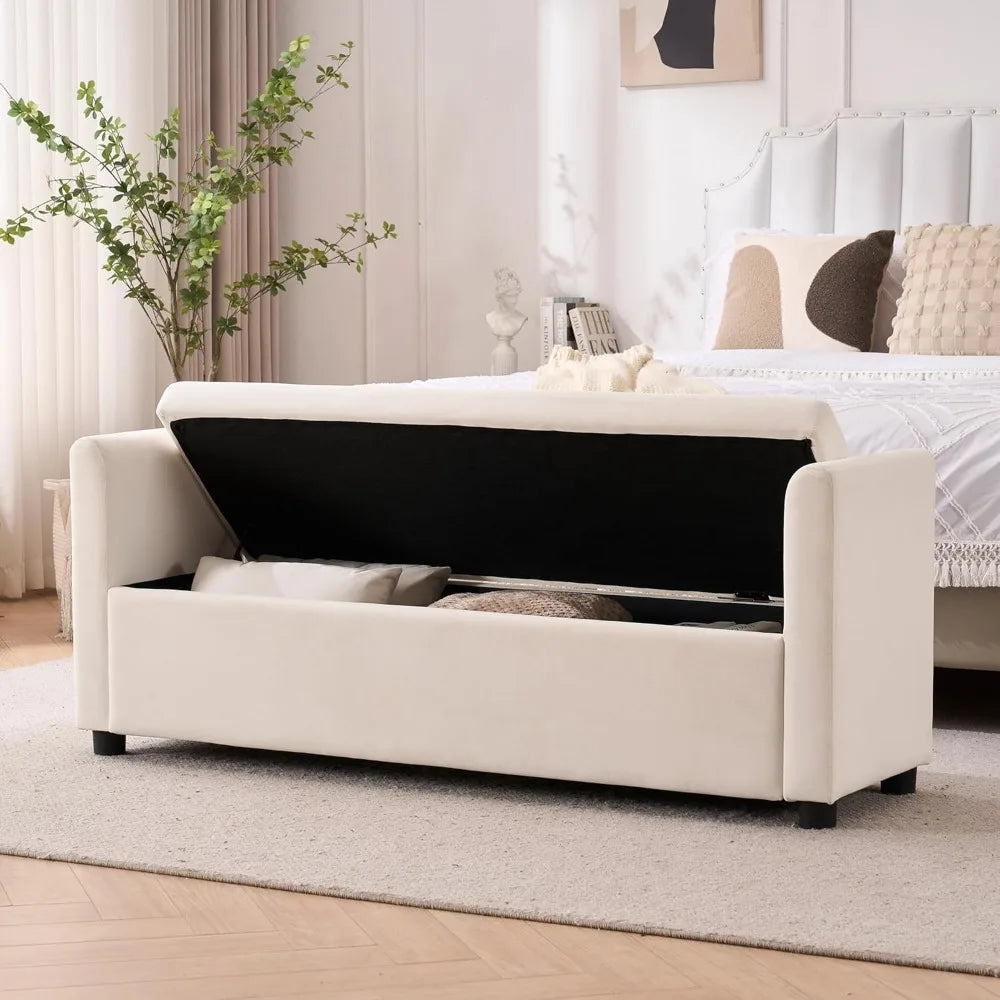 55" End of Bed Bench for King Size Bed, Upholstered Long Ottoman Bench with Arms and 2 Pillows