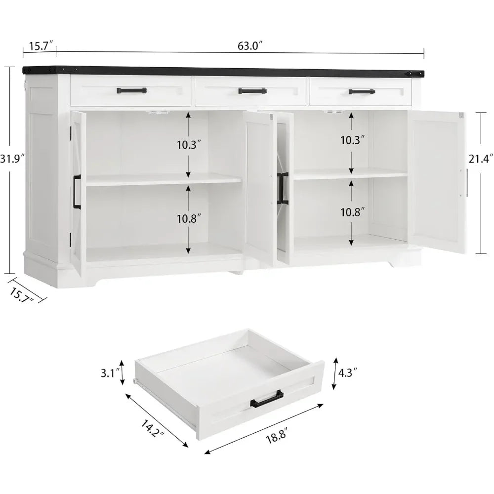 63” Large Buffet Cabinet, Sideboard Buffet Storage Cabinet with 3 Drawers, Farmhouse Coffee Bar with 4 Doors, for Kitchen
