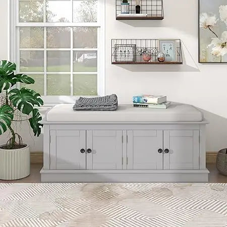 Rustic Storage Bench with 4 Doors and Adjustable Shelves Removable Cushion