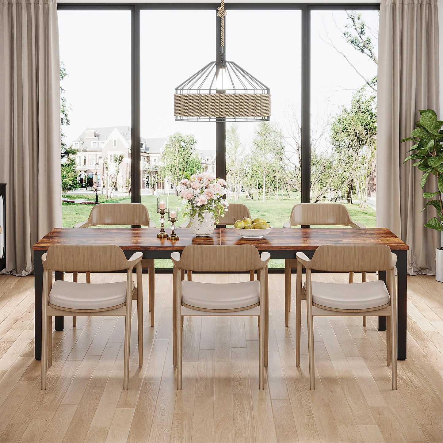 Dining Table for 6-8 People, 200cm Large Narrow Long Rectangular Kitchen Dinner Table, Rustic Wood