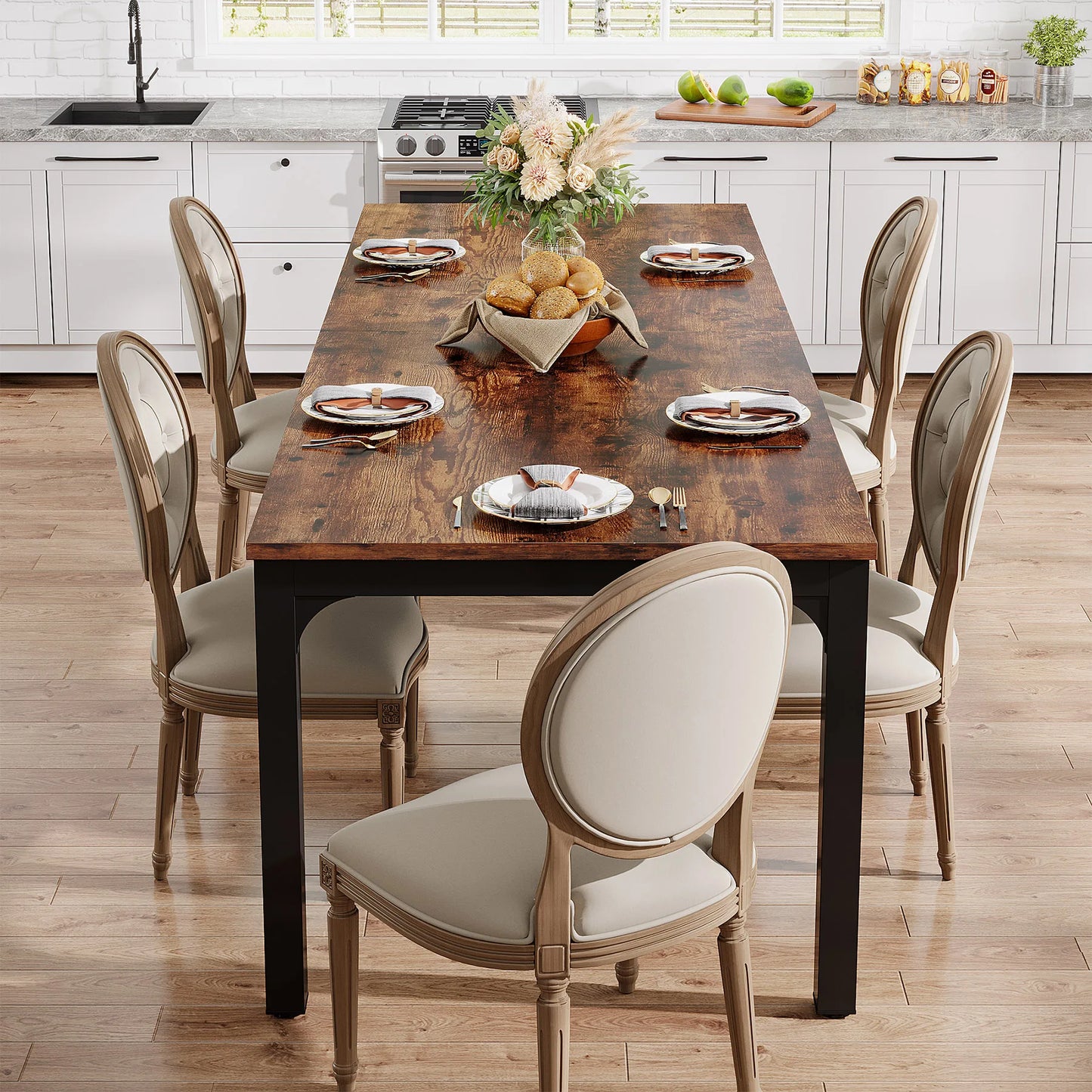 Dining Table for 6-8 People, 200cm Large Narrow Long Rectangular Kitchen Dinner Table, Rustic Wood